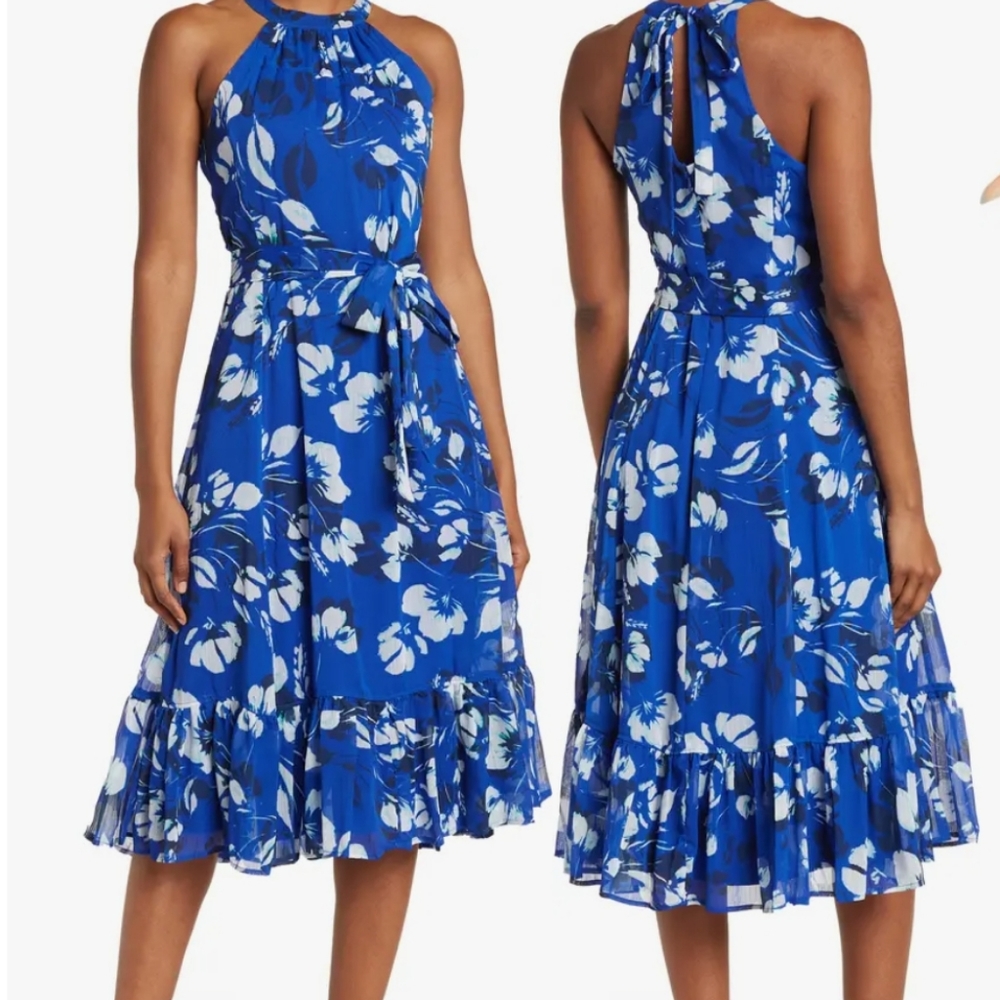 🌸Host Pick🌸 Calvin Klein Blue Floral Halter neck Midi Print Dress